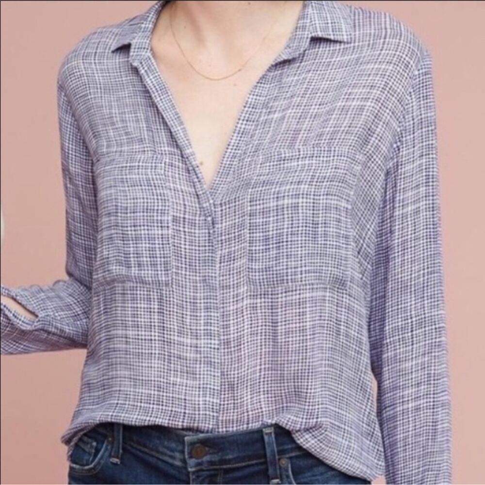 Cloth & Stone Rayon Lightweight Button Up Blouse Blue White Check Small